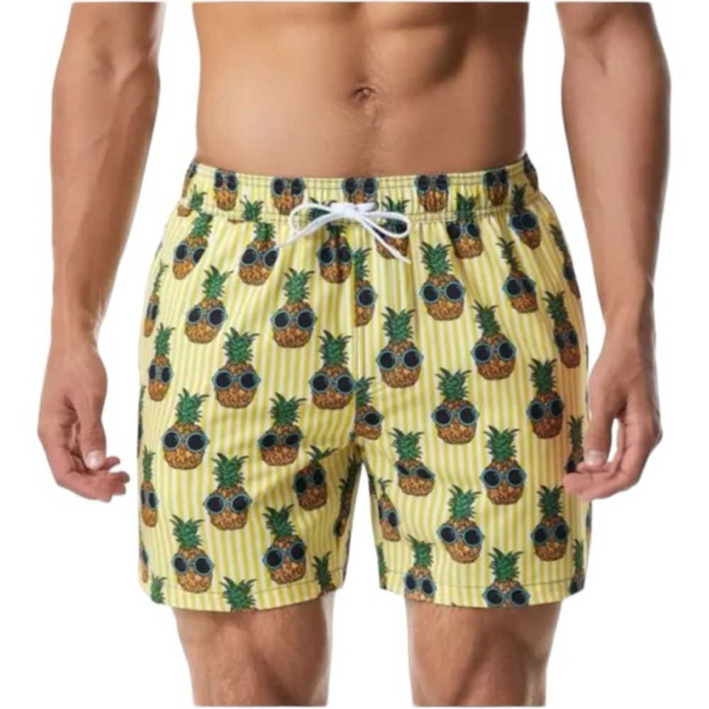 WULFUL Swim Trunks Whimsical Novelty Pineapple Print Yellow Pinstripe Size XL